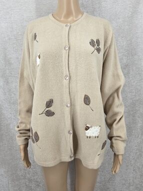 Tulchan Wool Women’s Cream Embroidered Button-Front Sweater Cardigan Sheep